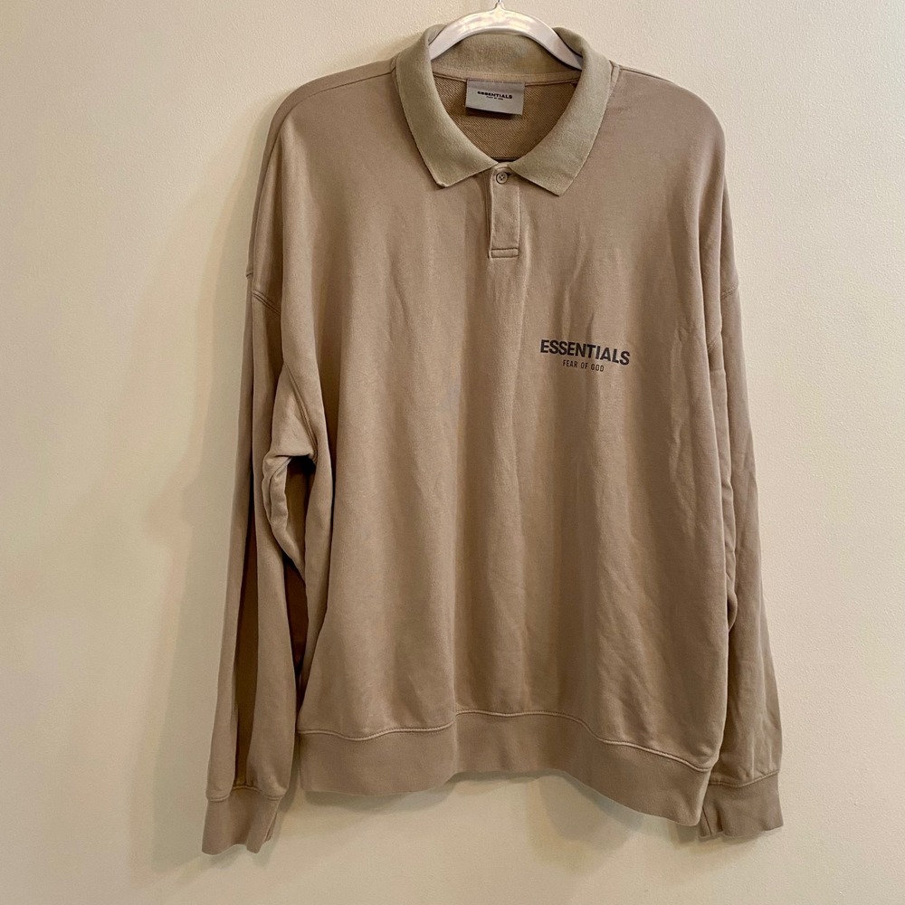 Essentials Fear‎ of God Long Sleeve Polo Mens M Tan Heather Oatmeal 100% Cotton